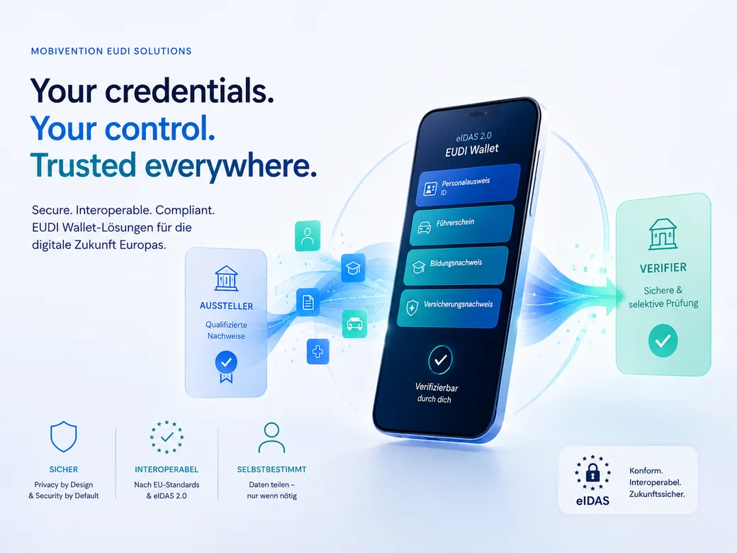 EUDI Wallet auf dem Smartphone: Aussteller stellt qualifizierte Nachweise (Personalausweis, Führerschein, Bildungs- und Versicherungsnachweis) über die Wallet bereit, ein Verifier prüft sie sicher und selektiv.