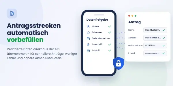 Screenshot Antragsstrecken automatisch vorbefüllen: Datenfreigabe aus der eID (Name, Adresse, Geburtsdatum, Anschrift, E-Mail) füllt das Antragsformular automatisch aus.
